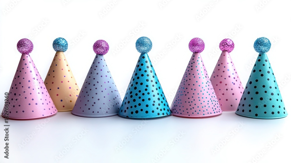 Pastel Polka Dot Party Hats, Ready For A Joyful Celebration, Adorned With Sparkly Pom-poms Against A Bright White Background Pastel Polka Dot Party Hats, Ready For A Joyful Celebration, Adorned With Sparkly Pom-poms Against A Bright White Background