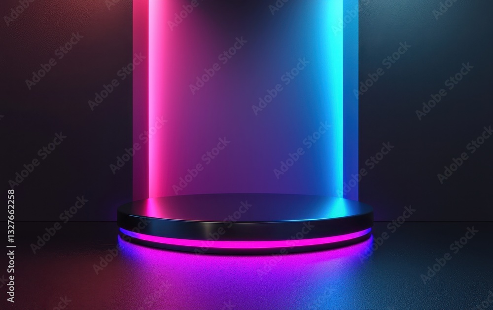 Futuristic podium with sleek, glossy surface and colorful lights for fashion presentation Futuristic podium with sleek, glossy surface and colorful lights for fashion presentation