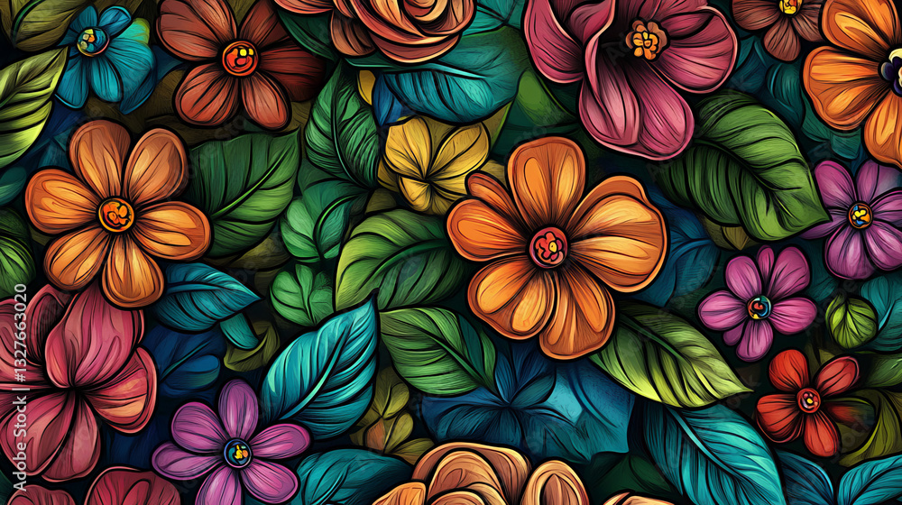 Nature flowers vector hand drawn foliage seamless pattern flat style greeting holidays card illustration beautiful bouquet background. Nature flowers vector hand drawn foliage seamless pattern flat style greeting holidays card illustration beautiful bouquet background.