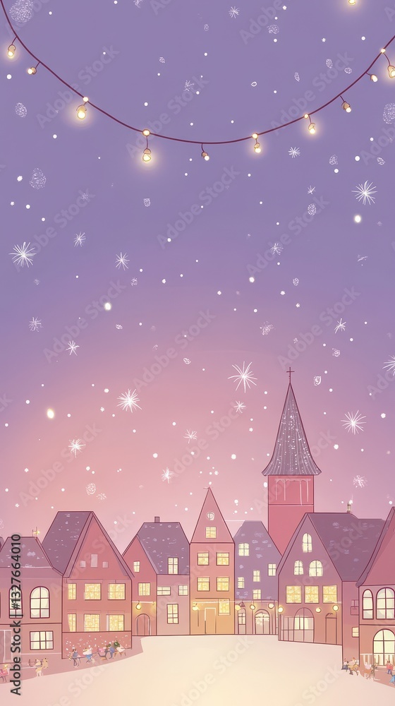 Fototapeta premium Evening snowfall adorns a cozy illuminated European village scene