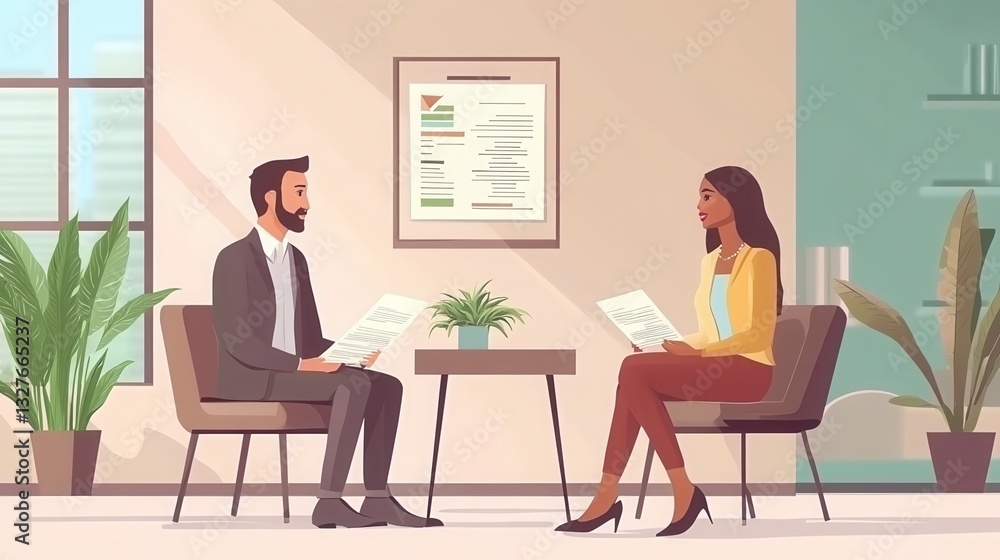 Friendly interview between Indian businessman hr director holding paper cv hiring for job female African American applicant manager sitting in contemporary office. Human resources recruitment concept Friendly interview between Indian businessman hr director holding paper cv hiring for job female African American applicant manager sitting in contemporary office. Human resources recruitment concept