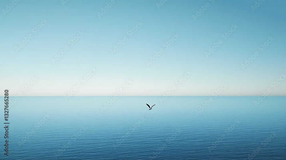 Seagull soaring over calm blue ocean under clear sunny sky Seagull soaring over calm blue ocean under clear sunny sky