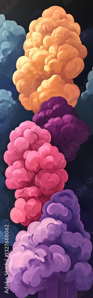 Fototapeta premium Vertical arrangement of vividly colored cumulus clouds, painted with detail