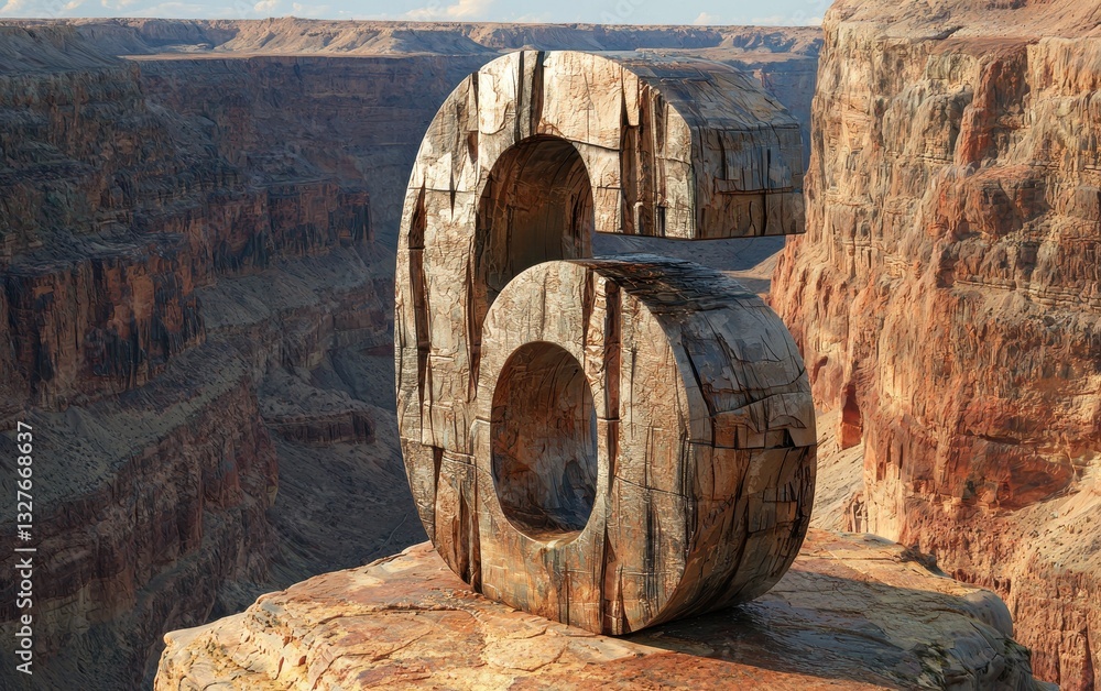 Fototapeta premium Number 6 made of layered sedimentary rock, placed on a cliffside overlooking a deep canyon
