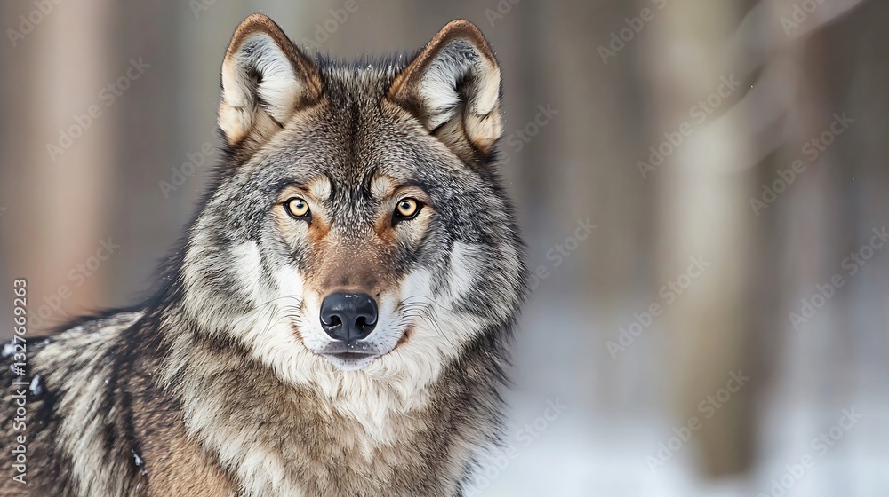 Fototapeta premium Lone grey wolf staring into the camera in a snowy forest its breath visible in the freezing air