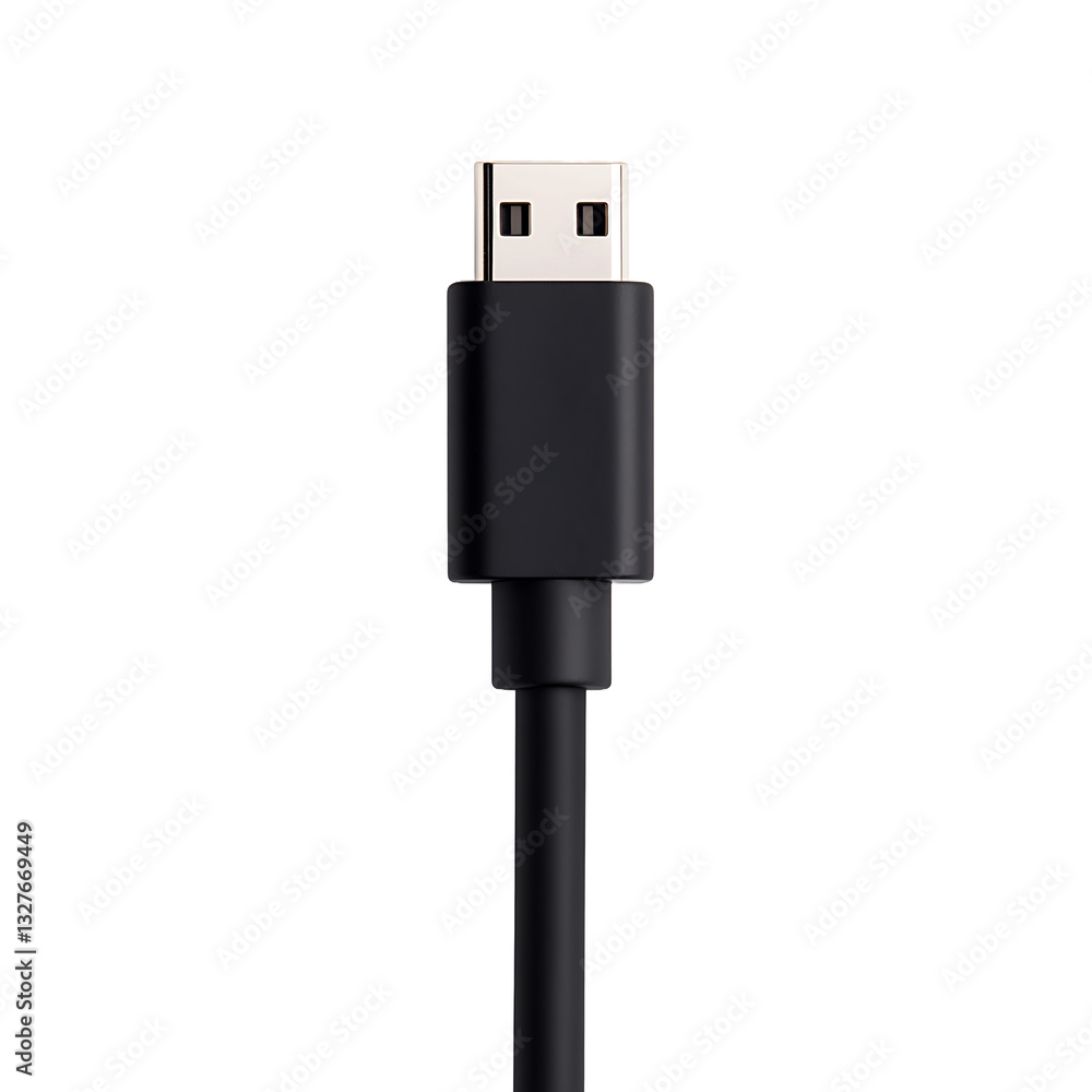 Close-up of a black USB data cable with a silver connector, isolated against a solid black background, providing connectivity solution. Close-up of a black USB data cable with a silver connector, isolated against a solid black background, providing connectivity solution.