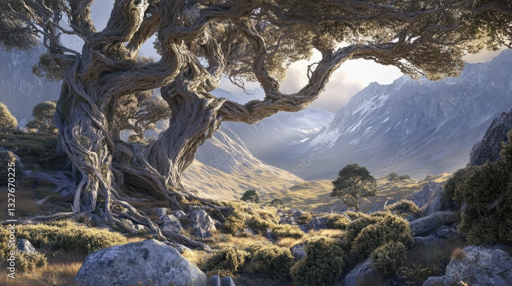 Fototapeta premium Majestic Twisted Tree in Serene Mountain Landscape at Sunrise