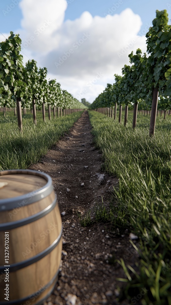 Rows of green grapevines fill the orchard, with wooden barrels placed on the grass beneath a canopy of clouds Rows of green grapevines fill the orchard, with wooden barrels placed on the grass beneath a canopy of clouds