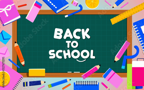 Back to school vector design. Back to school greeting text with striped educational chalkboard, and stationery elements. Vector illustration