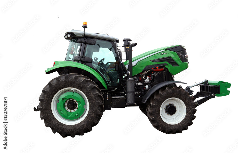 A bright green tractor stands ready for work in a farm environment under clear skies. Its robust build and powerful wheels indicate readiness for various farming activities. A bright green tractor stands ready for work in a farm environment under clear skies. Its robust build and powerful wheels indicate readiness for various farming activities.