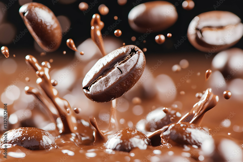 Coffee beans suspended in liquid chocolate Coffee beans suspended in liquid chocolate