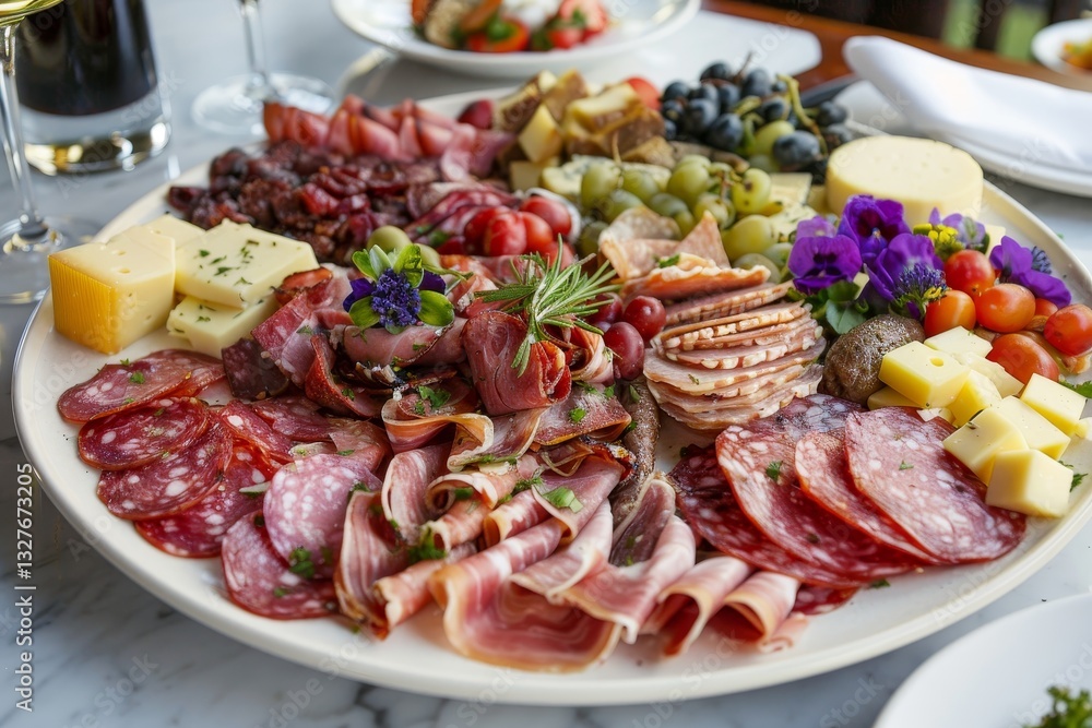 A delicious and visually appealing charcuterie board with various meats, cheeses, grapes, and herbs, A mouthwatering plate of charcuterie with an assortment of meats and cheeses A delicious and visually appealing charcuterie board with various meats, cheeses, grapes, and herbs, A mouthwatering plate of charcuterie with an assortment of meats and cheeses