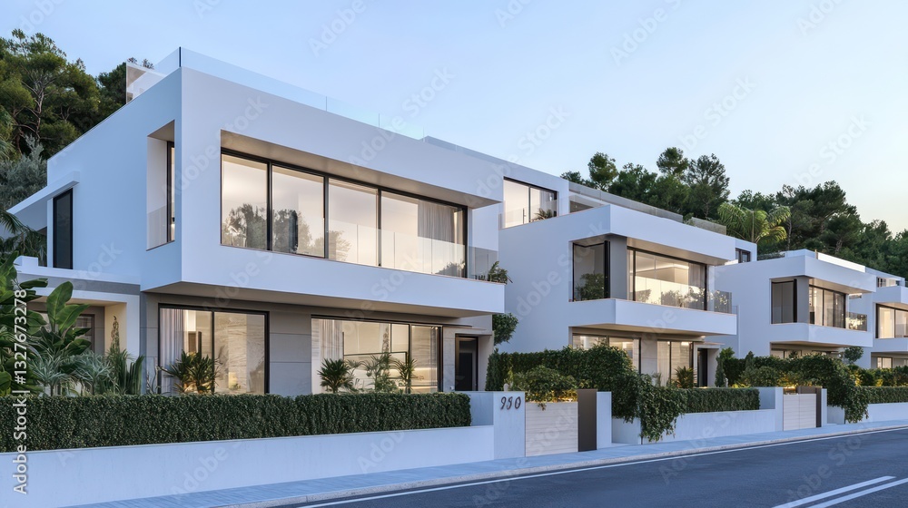 A modern row of townhouses featuring white and light gray exteriors, with expansive glass windows and a minimalist design A modern row of townhouses featuring white and light gray exteriors, with expansive glass windows and a minimalist design