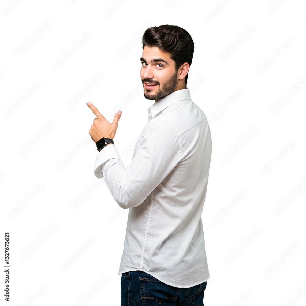 Young handsome man confidently pointing backward with a smile on a clean white background Young handsome man confidently pointing backward with a smile on a clean white background
