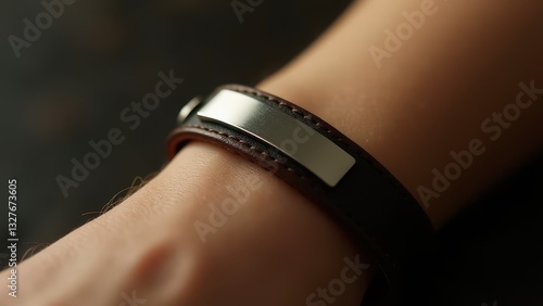Close-up of a leather wristband with metal plate, showcasing craftsmanship.