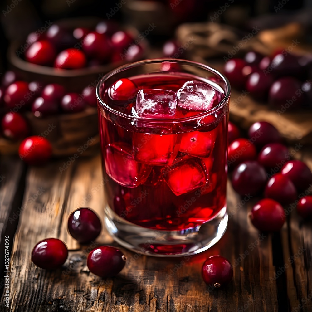 Refreshing Cranberry Juice Drink with Ice Cubes on Rustic Wood Refreshing Cranberry Juice Drink with Ice Cubes on Rustic Wood