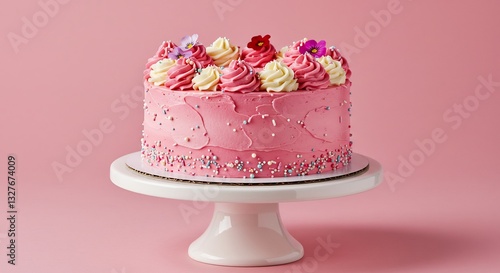 Pink frosted cake sits delicately on stand. AI Generated