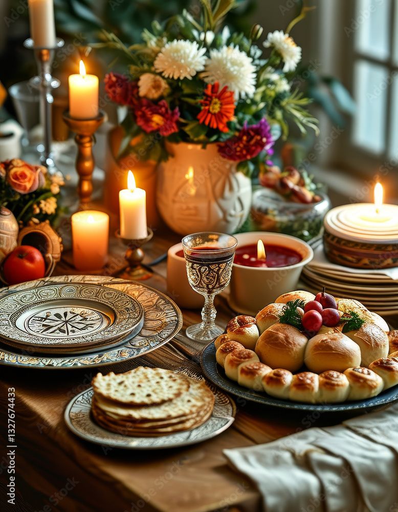 Naklejka premium Pesach celebration, Passover Seder table, ornate Seder plate with symbolic foods, handmade matzah, glowing candles, wine for Elijah, and a Haggadah open to the story of Exodus, festive