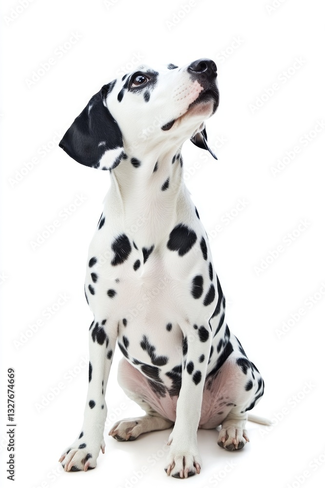A dalmatian dog sitting on a white surface, great for pet-related content or decorative purposes A dalmatian dog sitting on a white surface, great for pet-related content or decorative purposes