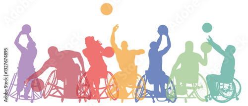 Silhouettes of disabled athletes.Set of color silhouettes of basketball players in wheelchairs.Vector illustration.