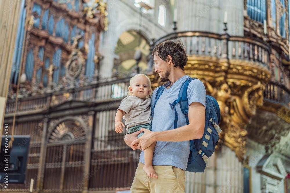 Father and his son tourists exploring the Metropolitan Cathedral in Mexico City. Woman admiring the architecture and history of Mexico's iconic landmark. Concept of cultural heritage, religious