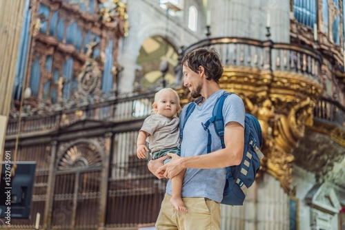 Obraz na płótnie Father and his son tourists exploring the Metropolitan Cathedral in Mexico City. Woman admiring the architecture and history of Mexico's iconic landmark. Concept of cultural heritage, religious w salonie