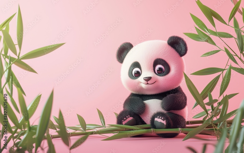 Small baby panda sitting on bamboo, on a pastel pink background Small baby panda sitting on bamboo, on a pastel pink background