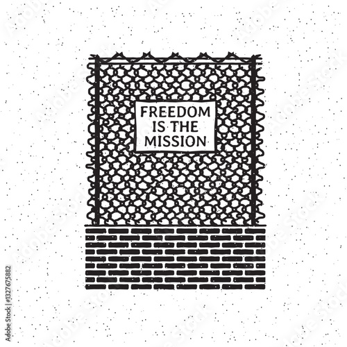 Brick wall with iron grid and signboard (freedom). Vector illustration on grunge texture background.