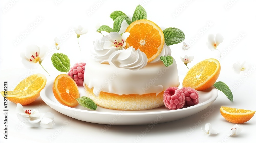 Here's a description and keywords for your image.. Elegant mini dessert with orange blossoms and berries, decorated with cream and mint. Here's a description and keywords for your image.. Elegant mini dessert with orange blossoms and berries, decorated with cream and mint.