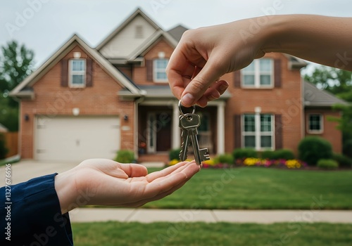 Hands Passing Keys in Front of House – Symbol of Transition and Hope