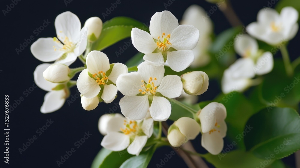 A bouquet of white flowers surrounded by green leaves A bouquet of white flowers surrounded by green leaves