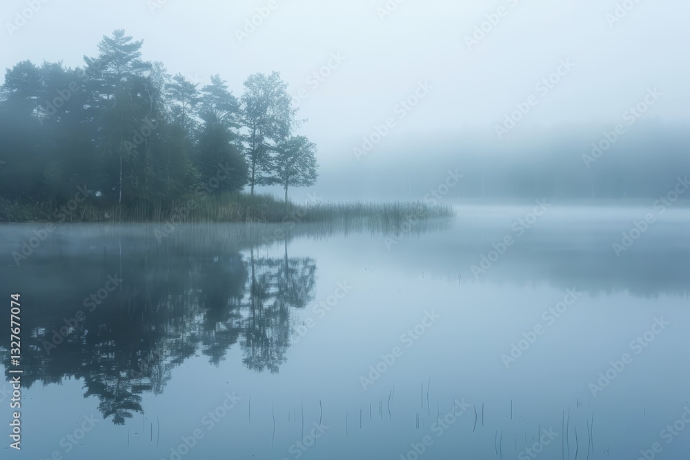 Fototapeta premium A serene lake shrouded in mist, with trees reflecting on the waters surface, Misty mornings over a tranquil lake