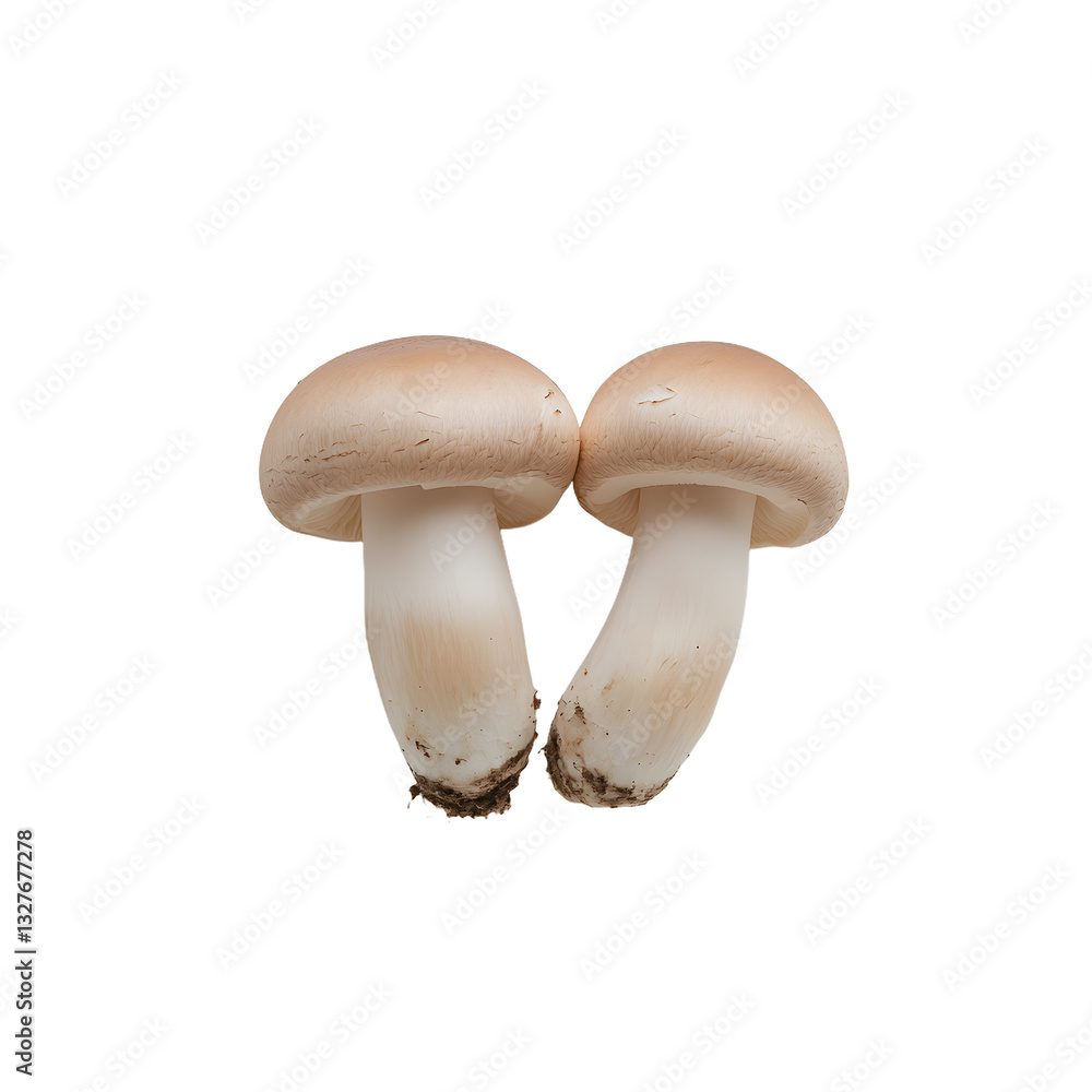 Two mushrooms with white stems and light brown caps. Fresh fungi duo. Isolated against a black background. Earthy delicacy. Simple composition. Two mushrooms with white stems and light brown caps. Fresh fungi duo. Isolated against a black background. Earthy delicacy. Simple composition.