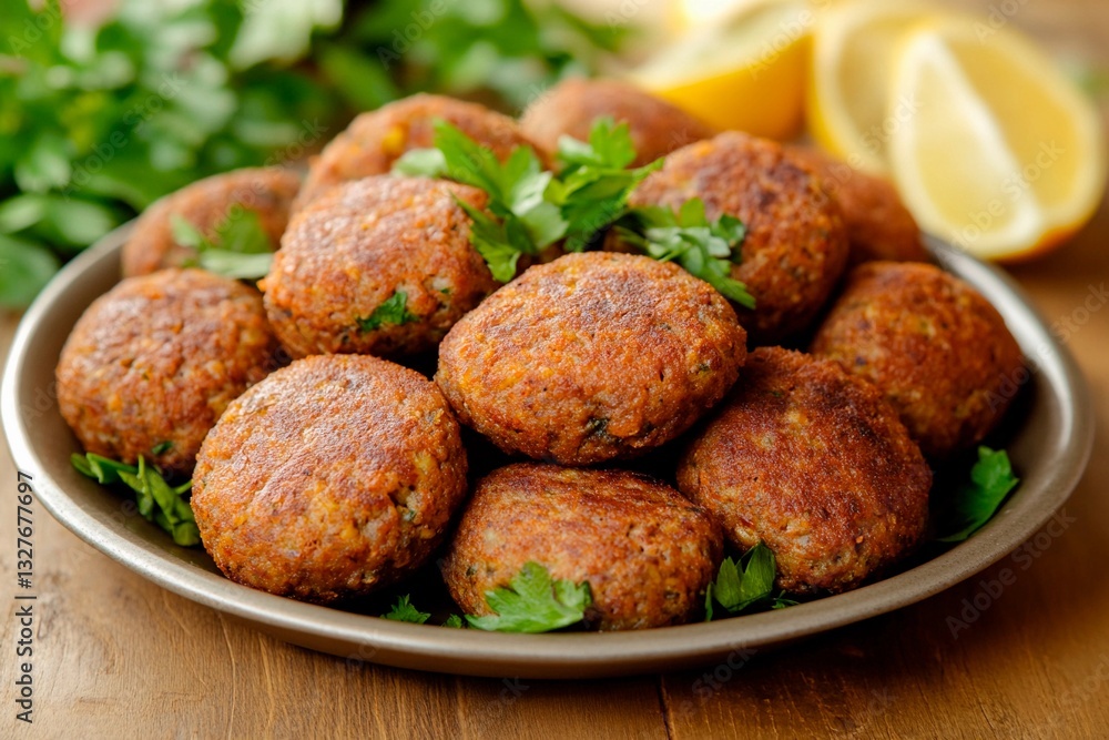 A platter of golden-brown homemade falafel is garnished with fresh parsley and surrounded by lemon wedges, creating an inviting atmosphere in a rustic kitchen A platter of golden-brown homemade falafel is garnished with fresh parsley and surrounded by lemon wedges, creating an inviting atmosphere in a rustic kitchen