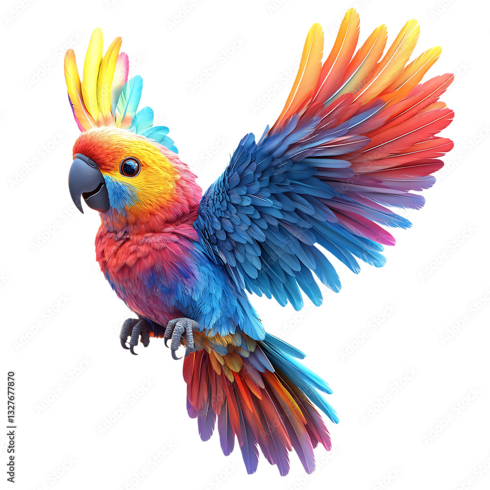 Obraz premium A Fluffy 3D Cartoon Parrot Flying in the Air Isolated on Transparent Background