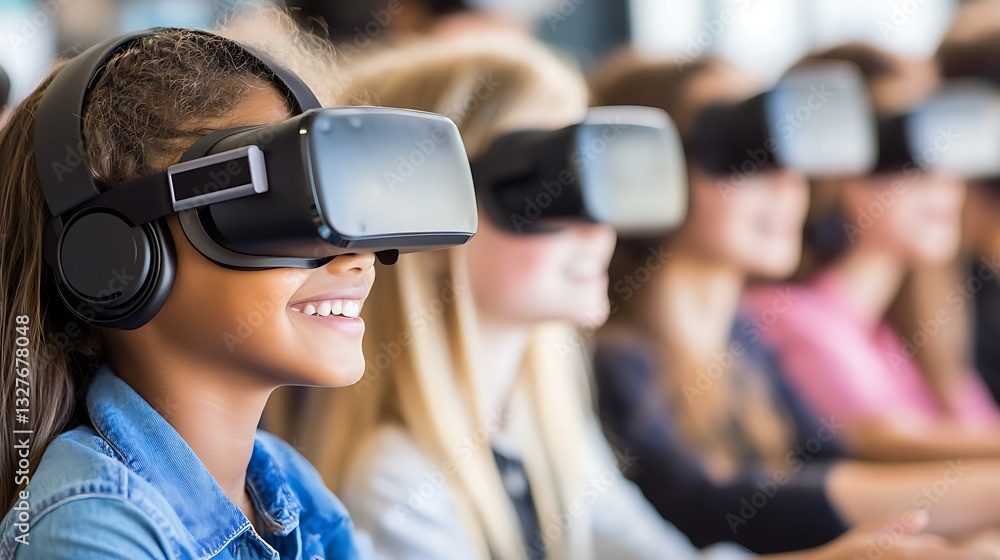 Group of children using VR headsets Group of children using VR headsets