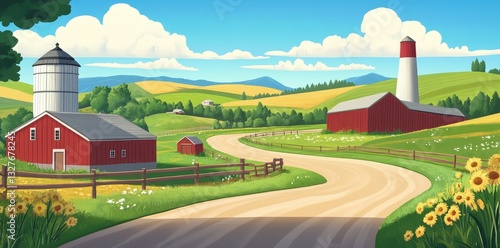 A picturesque illustration shows a farm scene in the countryside setting