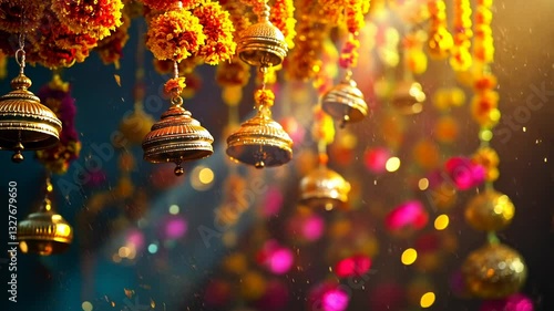 Golden Bells and Marigold Garland: Festive Indian Decoration