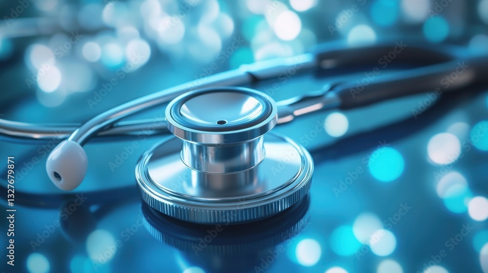 A shiny stethoscope rests on a smooth surface, surrounded by soft blue bokeh lights, symbolizing healthcare and wellness. A shiny stethoscope rests on a smooth surface, surrounded by soft blue bokeh lights, symbolizing healthcare and wellness.