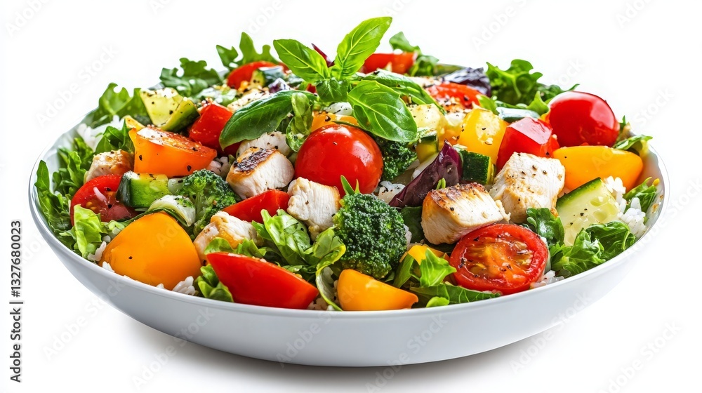 Fresh Vegetable and Grilled Chicken Salad with Cherry Tomatoes, Bell Peppers, Cucumbers, and Broccoli in a White Bowl on a Plain White Background Fresh Vegetable and Grilled Chicken Salad with Cherry Tomatoes, Bell Peppers, Cucumbers, and Broccoli in a White Bowl on a Plain White Background