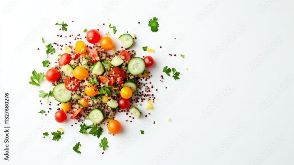Fresh Vegetable and Quinoa Salad Featuring Cherry Tomatoes, Cucumber, and Parsley on a White Background for Healthy Eating Promotions Fresh Vegetable and Quinoa Salad Featuring Cherry Tomatoes, Cucumber, and Parsley on a White Background for Healthy Eating Promotions