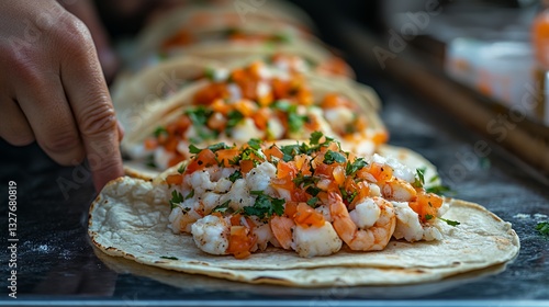 Shrimp Tacos Being Prepared With Fresh Ingredients in a Busy Street Market During Sunset Hours