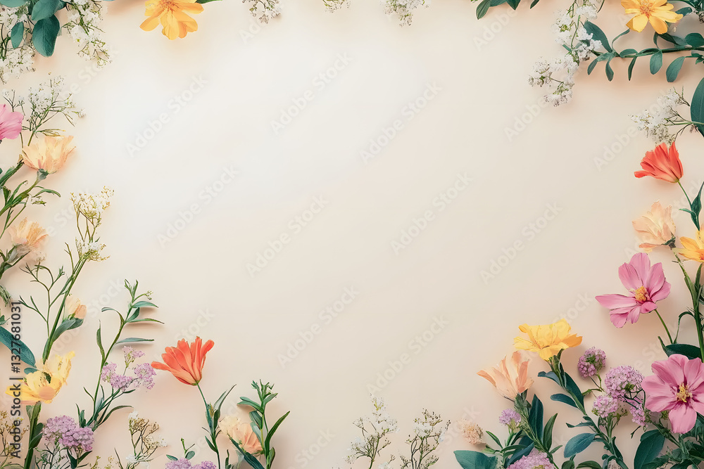 Elegant floral border with vibrant flowers lush greenery on light background. Ideal for decorative designs wedding invitations or romantic designs valentines day, mother's day, women's day Elegant floral border with vibrant flowers lush greenery on light background. Ideal for decorative designs wedding invitations or romantic designs valentines day, mother's day, women's day