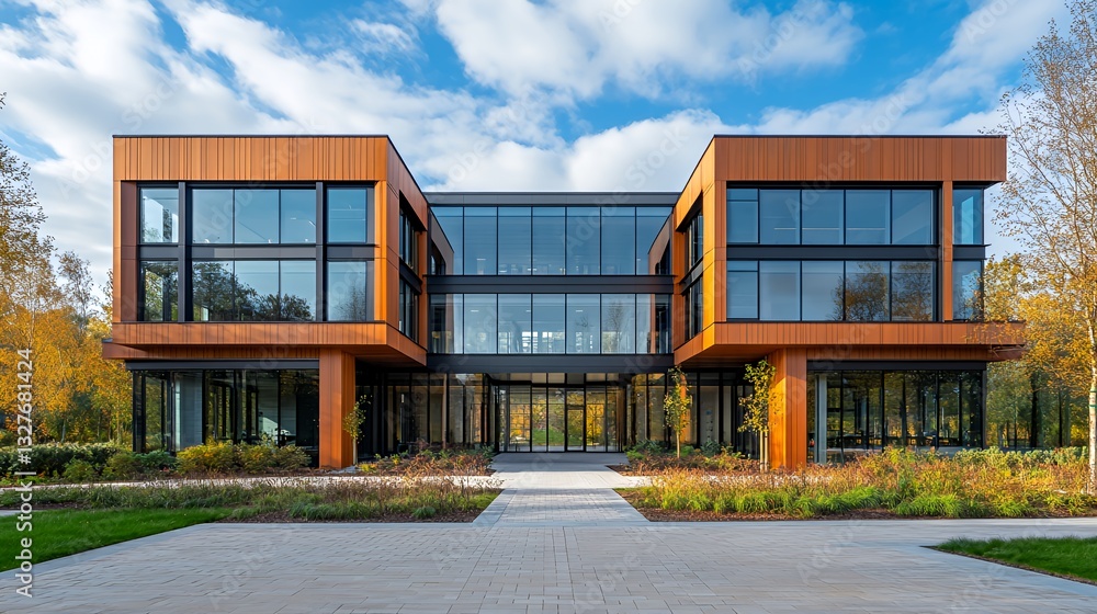 Modern Architecture Displays a Sleek Design in a Landscaped Setting, Highlighting Glass and Wood Elements in a Tranquil Environment