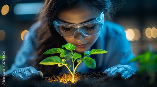 Scientist Examining a Young Plant Under a Grow Light in a Lab Environment During Evening Hours