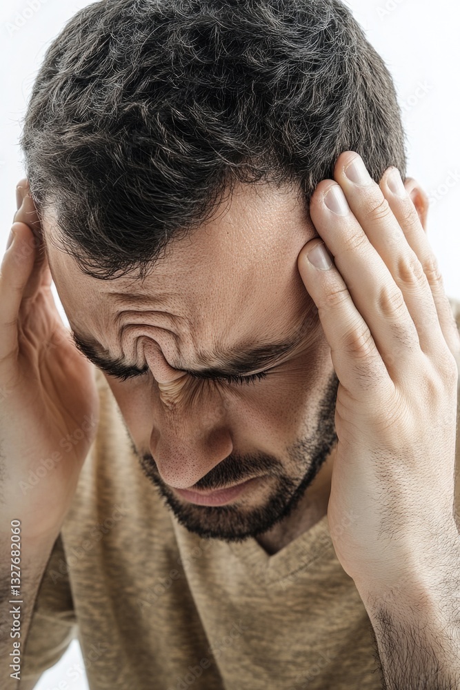 Fototapeta premium A person holding their head in their hands, conveying feelings of distress and frustration