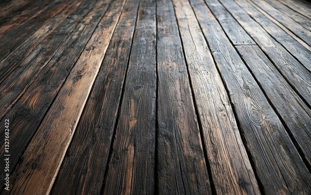 Textured wooden floor with dark stains and weathered edges Textured wooden floor with dark stains and weathered edges