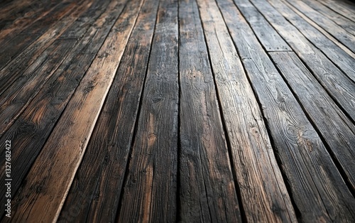 Textured wooden floor with dark stains and weathered edges