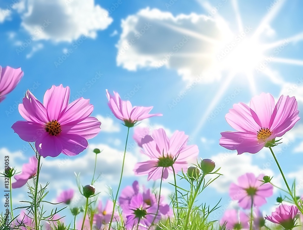 Beautiful spring background with pink cosmos flowers, blue sky, and sun rays. Beautiful spring background with pink cosmos flowers, blue sky, and sun rays.