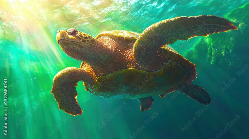 Obraz premium Wise old sea turtle with barnacles in ocean waters